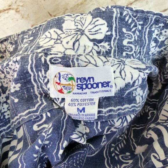 VTG 90s Reyn Spooner Lahaina Sailor Popover Men M Blue Denim Hawaiian Flag Beach - Picture 7 of 12